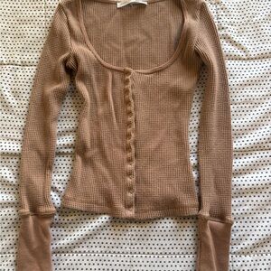 Altar'd State Waffle-Knit Scoop Neck Button-Front Top - Camel